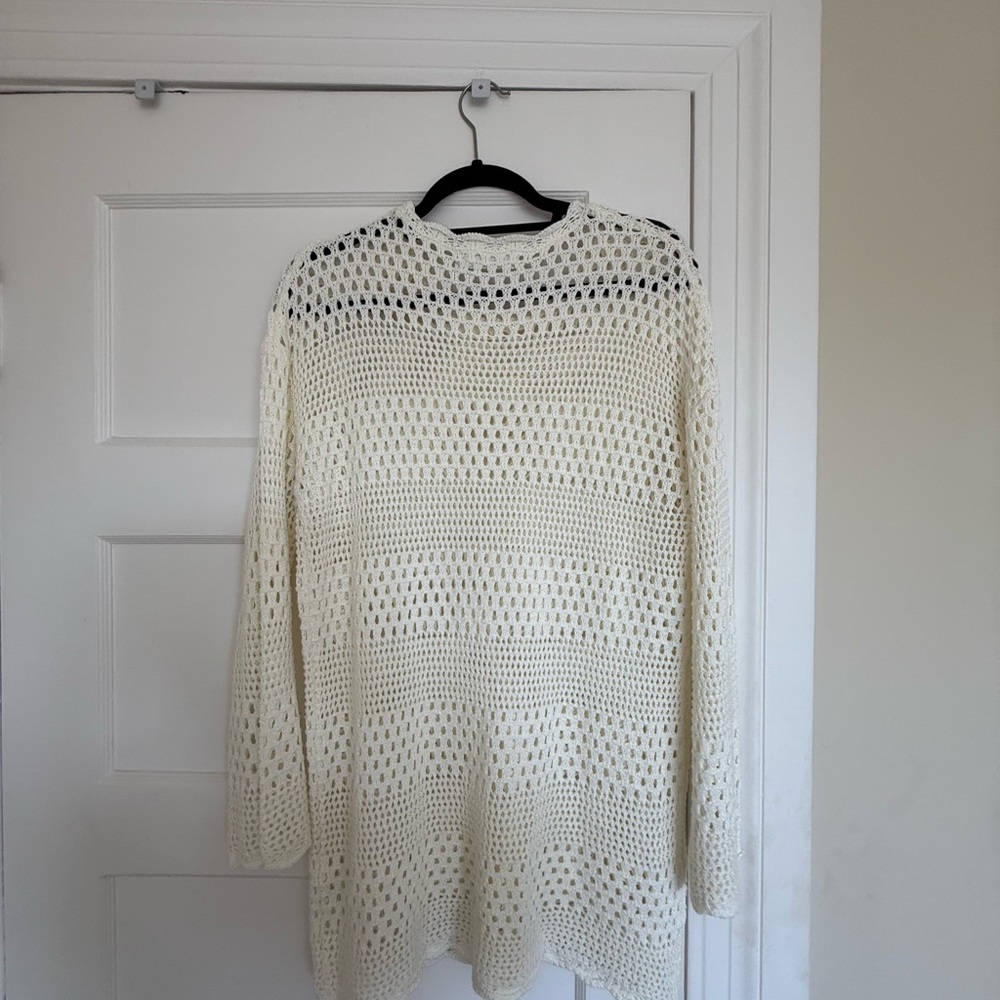Cream and White Crochet Swim Cover-Up with Mesh Design - Picture 3 of 4